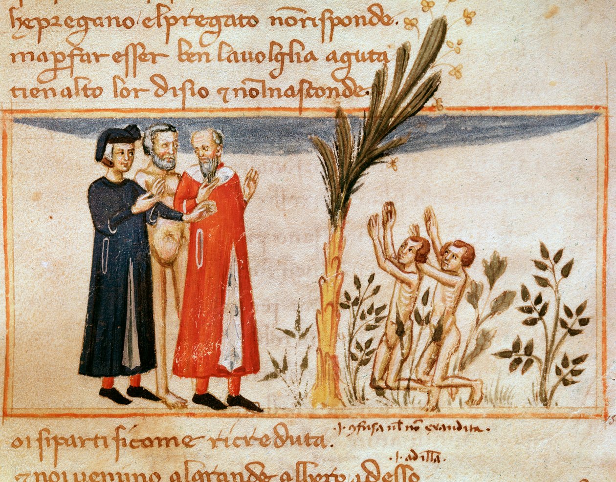 Dante a Virgil se setkávají s Forese de Donati s nenasytným (píseň 23 z Očistce, v Božské komedii) - Minature od Italian School