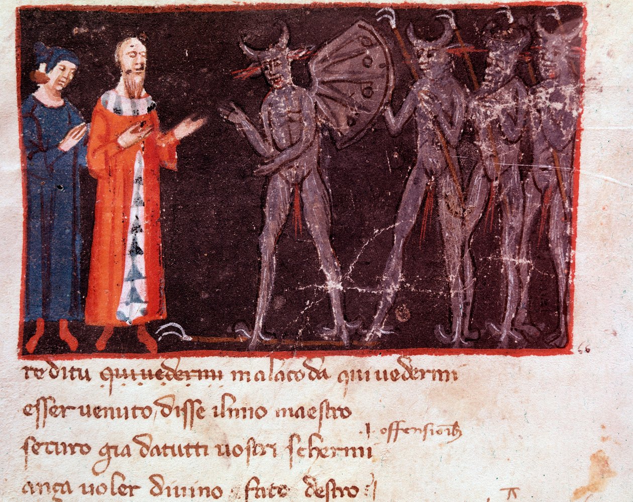 Dante a Virgil mluví s Malacodou, vůdcem eskadry Malebranche (píseň 21 z pekla, v Božské komedii) - miniatura od Italian School