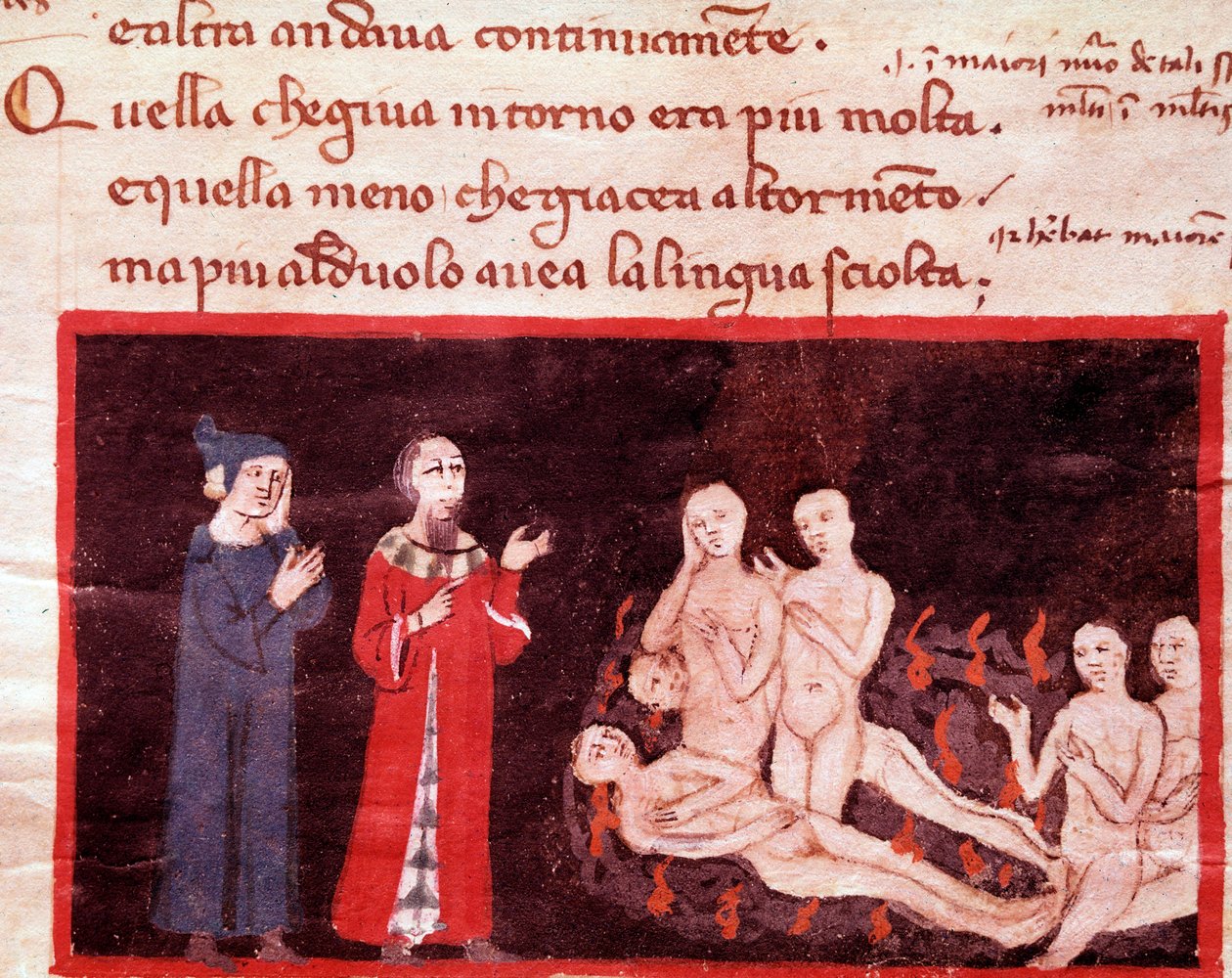 Dante et Virgil obklopen násilníky (píseň 14 z pekla, v Božské komedii) - miniatura 14. století od Italian School