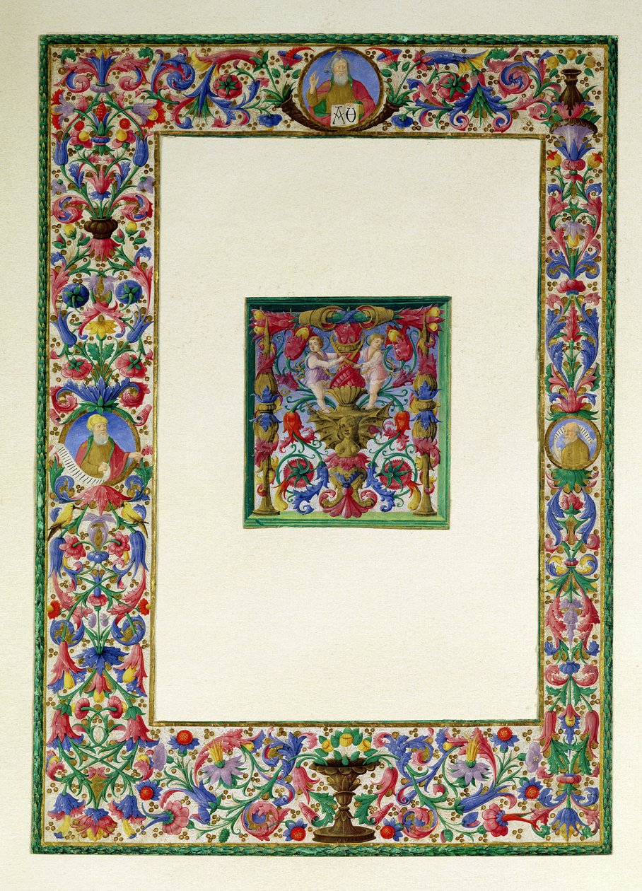 Ozdobná bordura s Bohem Otcem a dvěma proroky a historickou iniciálou T se sirénou a dvěma putti, 15.-16. od Italian School