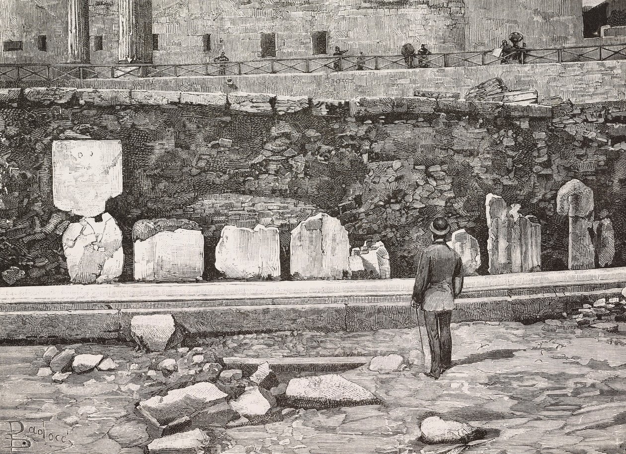 Dekorativní polokruh v Roman Forum, Řím, Itálie, rytina z kresby Dante Paolocci, z L