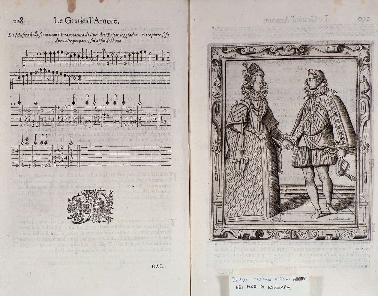 Popis baletu pro dva Dvojstrana Le Gratie dAmore (Le Grazie dAmore) od italského tanečníka Cesare Negriho zvaného Il Trombone (1536-1604), smlouva o tanci od Italian School