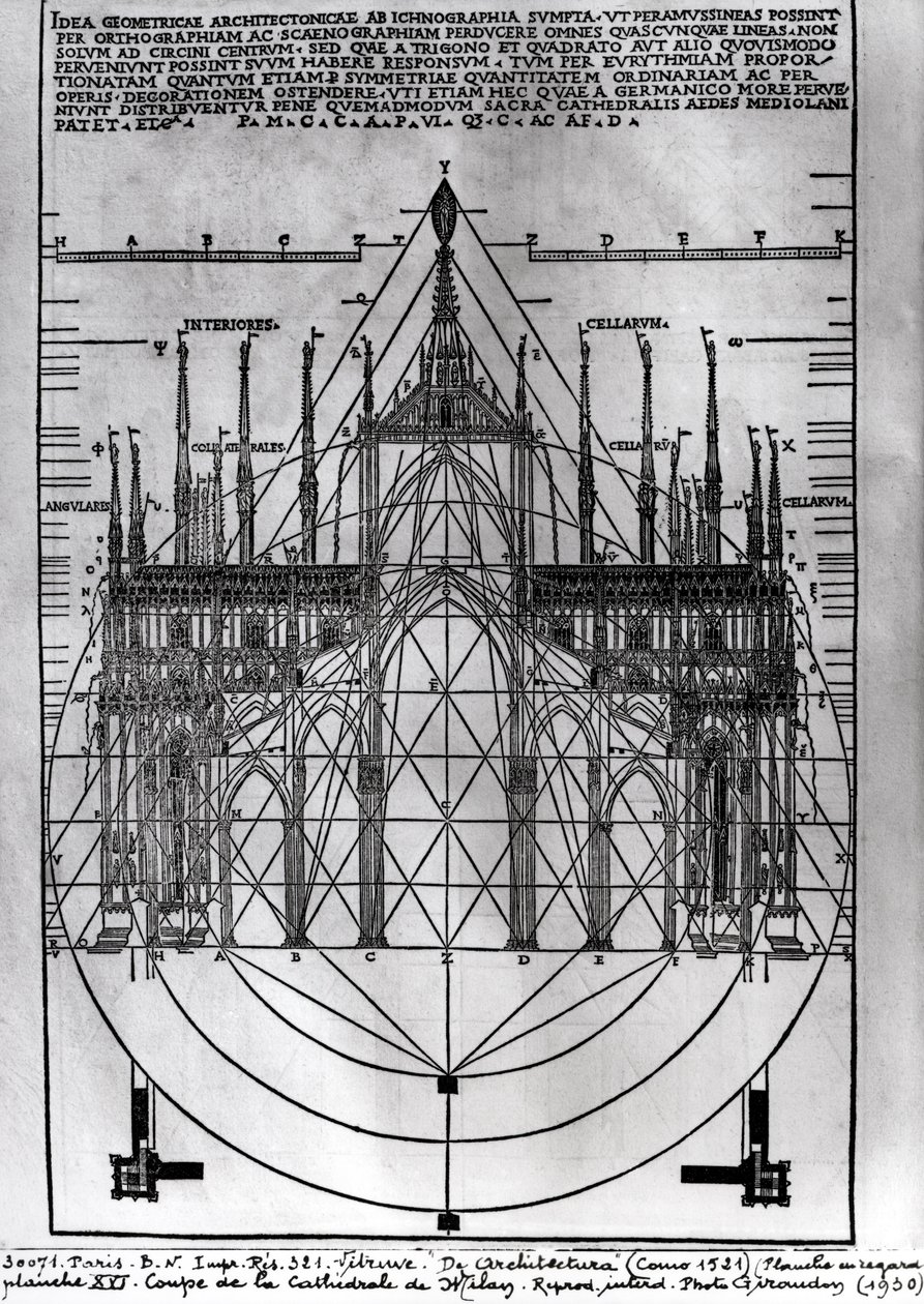 Návrh milánské katedrály, ilustrace z De Architectura od Vitruvia, Como, 1521 od Italian School
