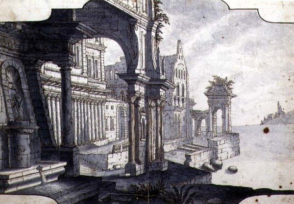 Design for a Stage Set, cca 1750 (pero, inkoust a akvarel na papíře) od Italian School