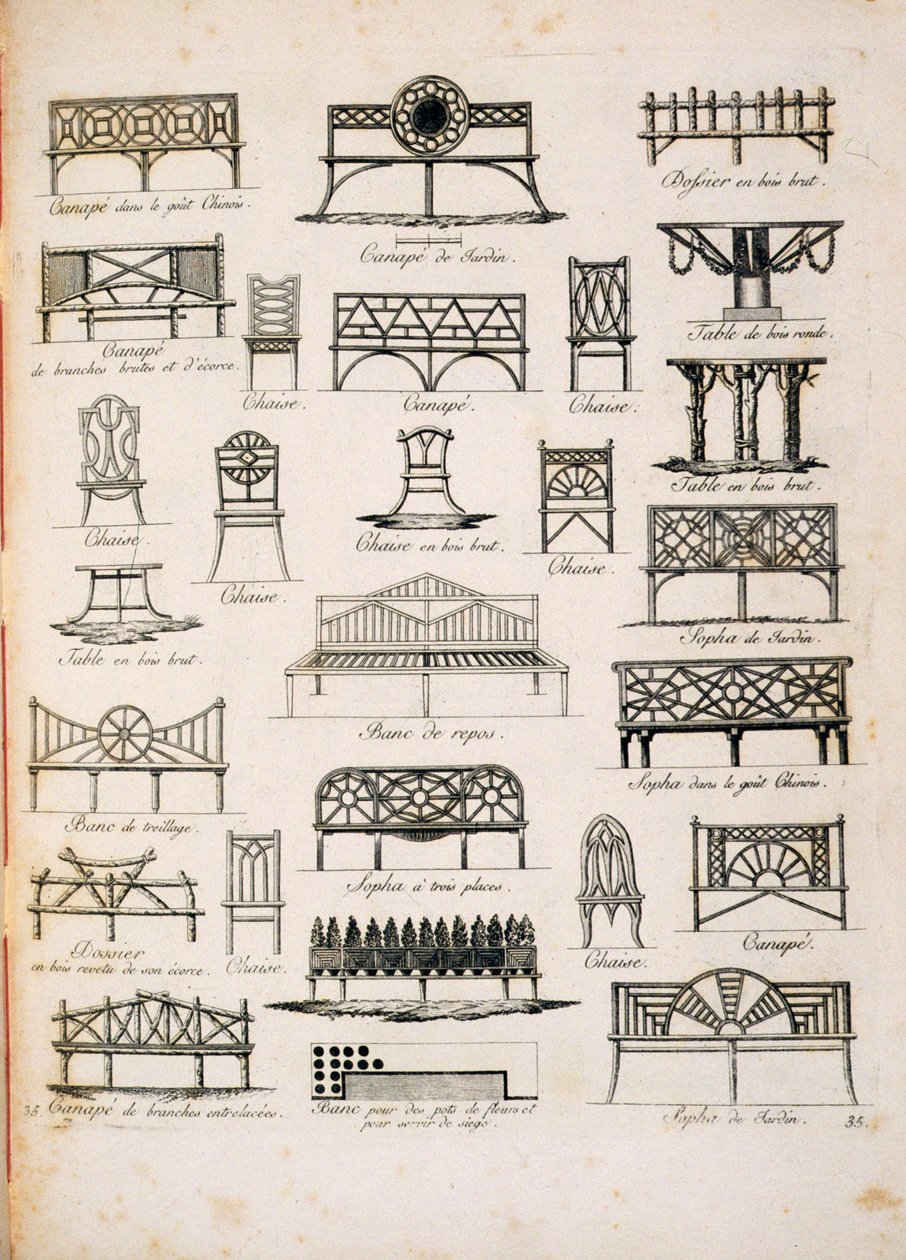 Návrhy zahradních sedaček z A Compendium of Drawings, od J.G. Grohmann, publikoval 1805 od Italian School