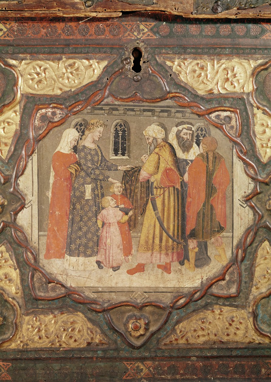 Detail kasonu zobrazující příběh Saladina a Torella z Istrie od Giovanniho Boccaccia (tempera na panelu) (viz také 444280-81) od Italian School