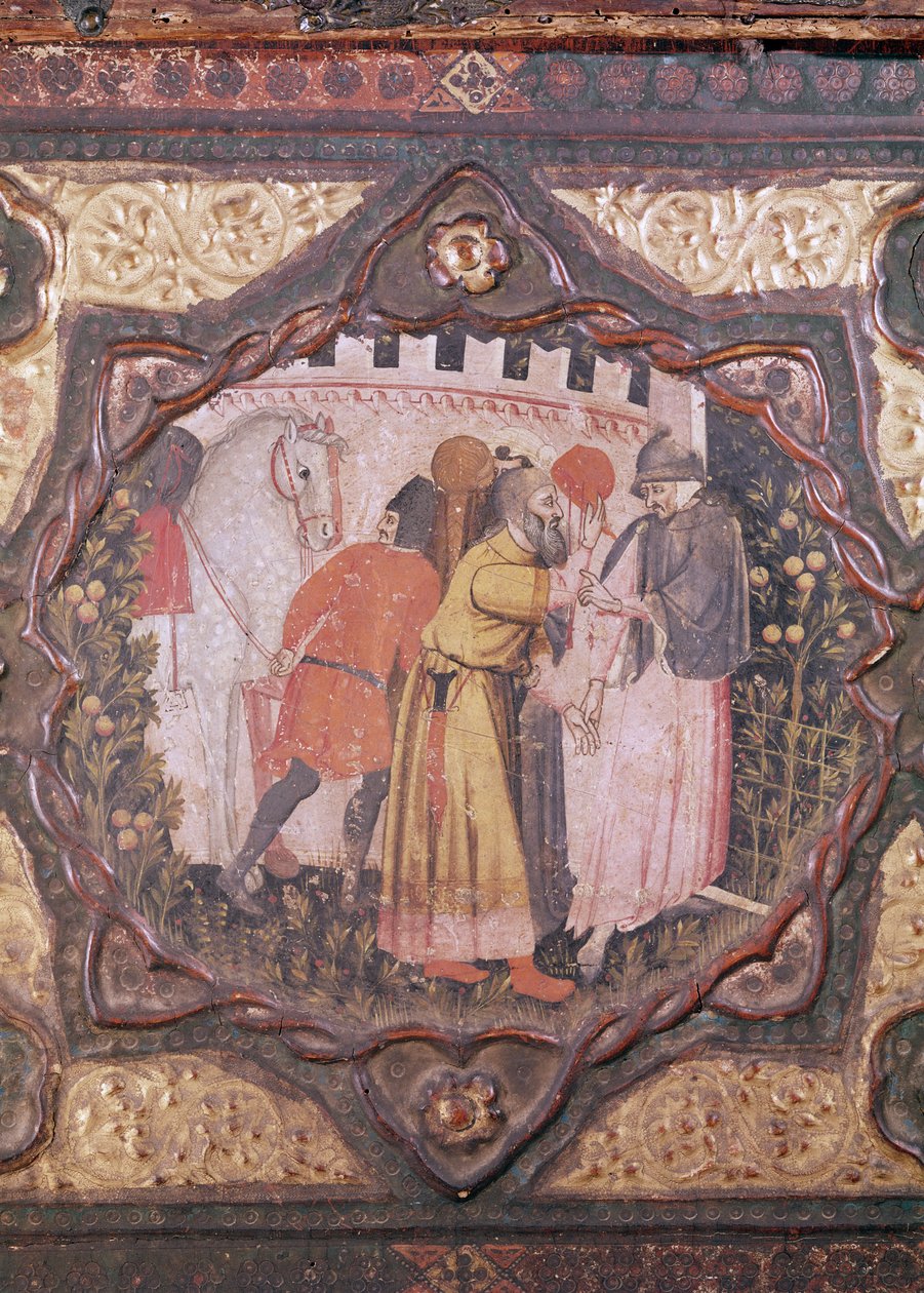 Detail kasonu zobrazující příběh Saladina a Torella z Istrie od Giovanniho Boccaccia (tempera na panelu) (viz také 444281-82) od Italian School