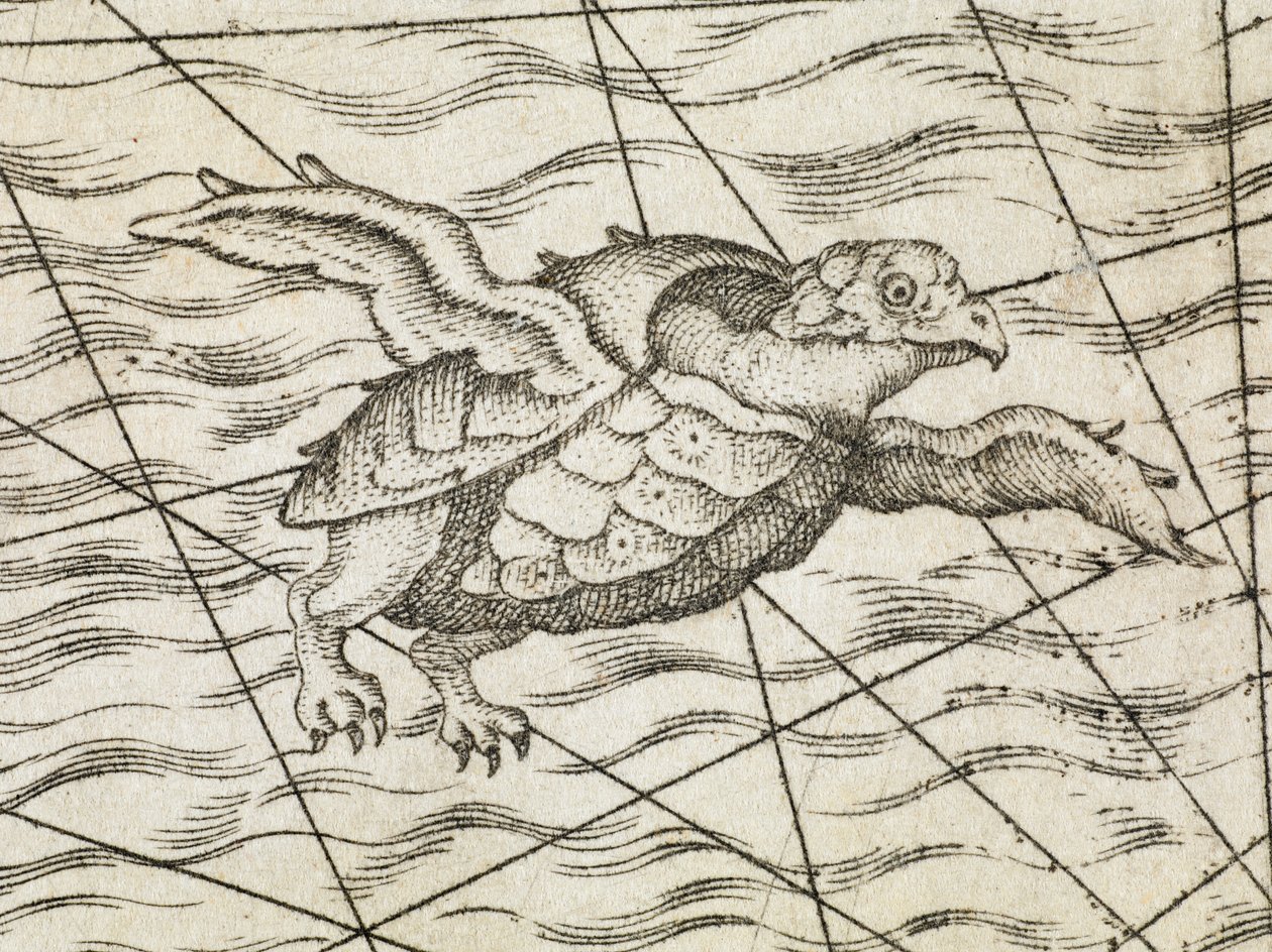 Detail létající želvy na mapě severní Evropy, z nedávného a přesného popisu severních oblastí Švédska, Gothie, Norska, Dánska a přilehlých zemí. Formy M. Trameziniho od Italian School