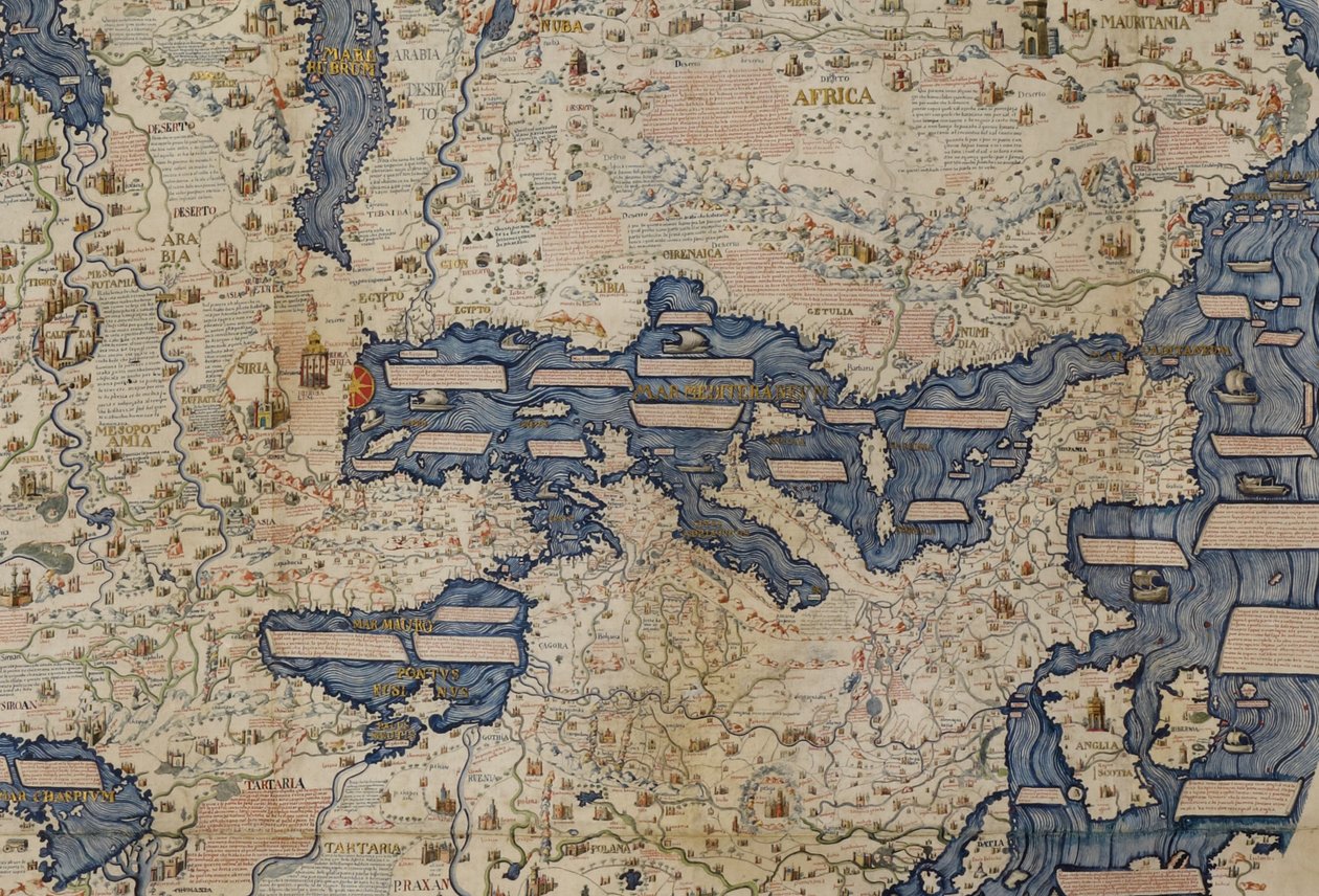 Detail Středomoří, z Add. 11267 „Velká planisféra nebo mapa světa“ z roku 1459, Mauro Frau od Italian School