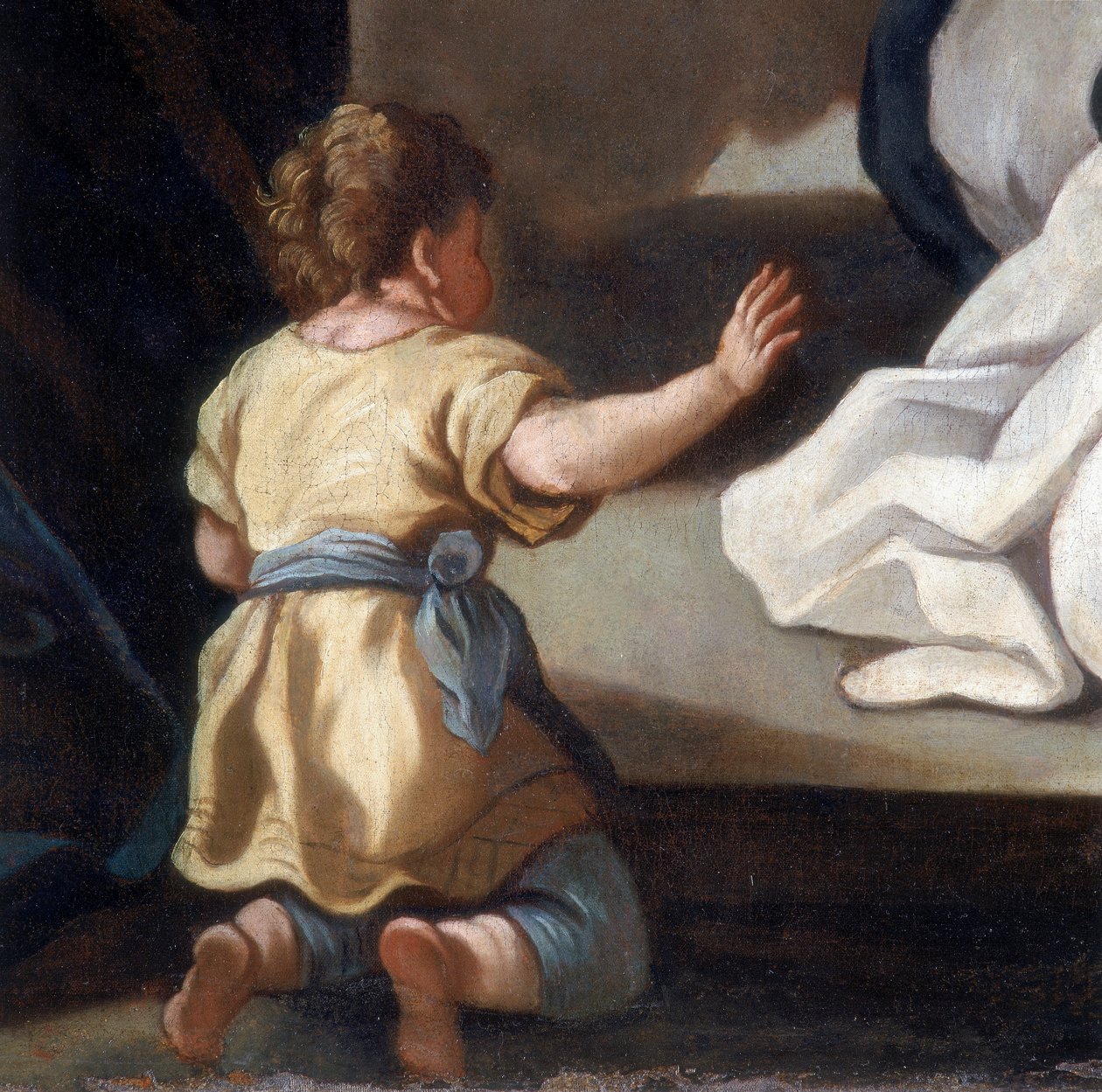 Detail malby znázorňující Růžencovou madonu se svatými Dominikem a Kateřinou Sienskou od Italian School