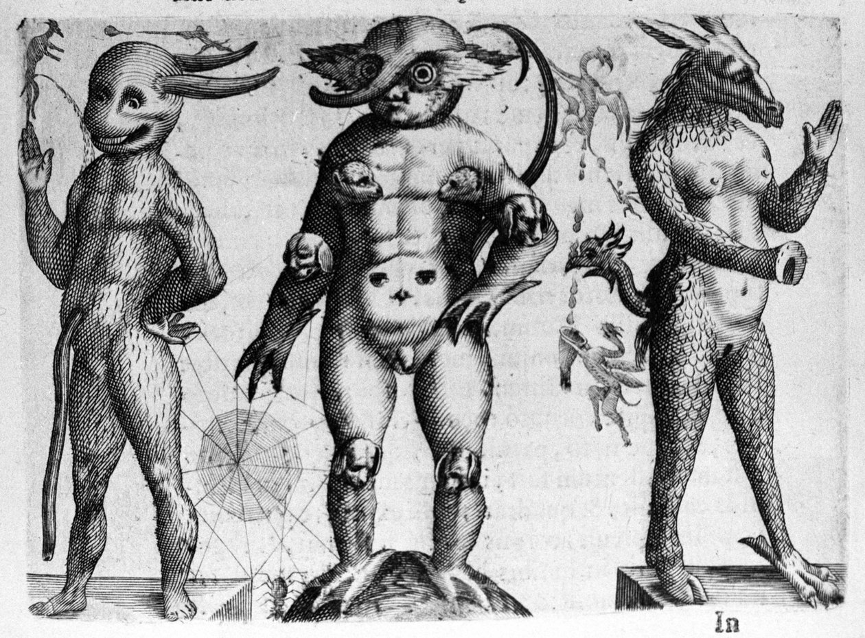 Různé typy lidských monster s napůl lidskými a napůl zvířecími těly. Rytina z "Povaha příšer, jejich příčiny a rozdíly" od Fortunia Ačkoliiho (1577-1656), italského vědce. 1646 od Italian School