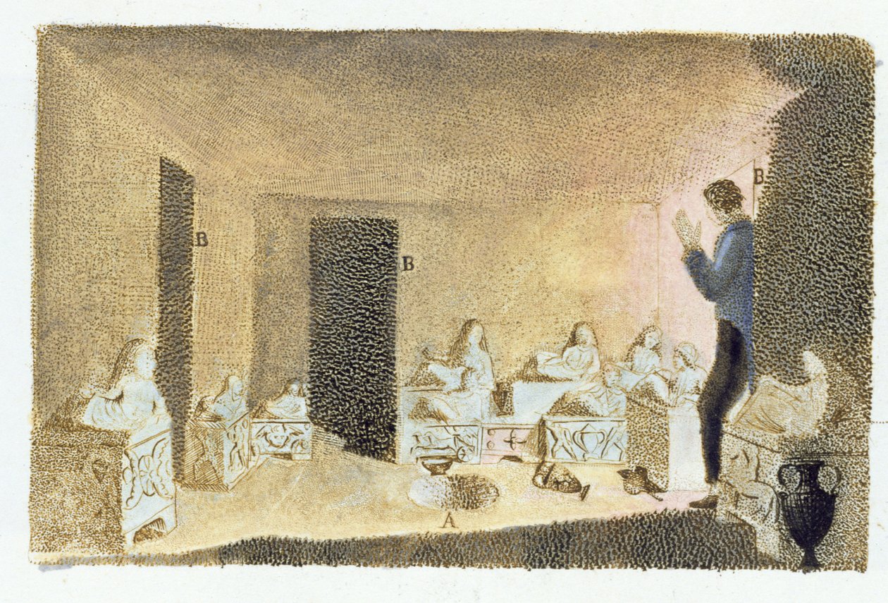 Objev etruských hrobek. ilustrace z knihy Monumenti Etruschi od Francesca Inghiramiho (1772-1846), vydané ve Fiesole, 1825 (barevná rytina) od Italian School