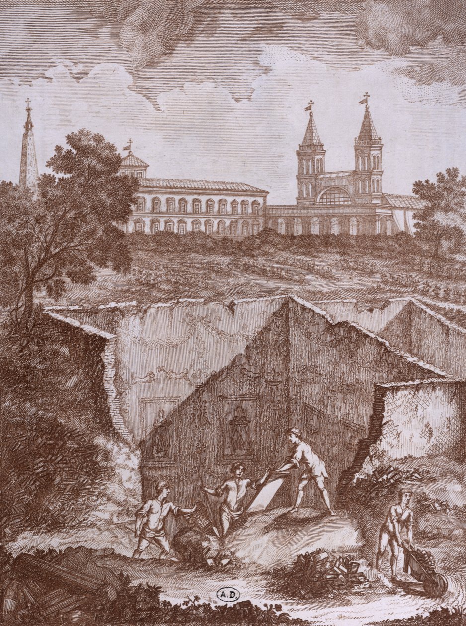 Objev domu a fresek v Římě v roce 1780, ilustrace z knihy Peintures antiques retrouvees lors dune fouille en 1780, vydané v Římě 1783. od Italian School
