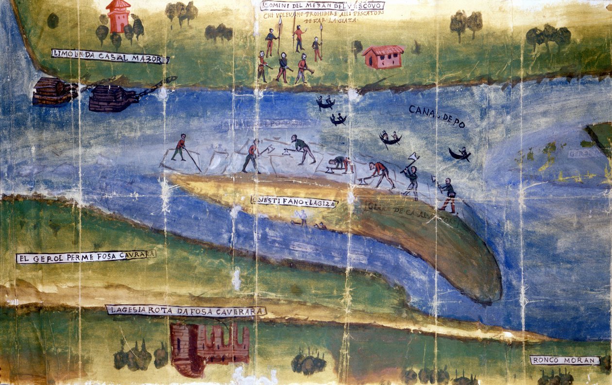 Spor o právo těžit led mezi obyvateli řeky Pád. 1535. Milán, Národní archiv. od Italian School