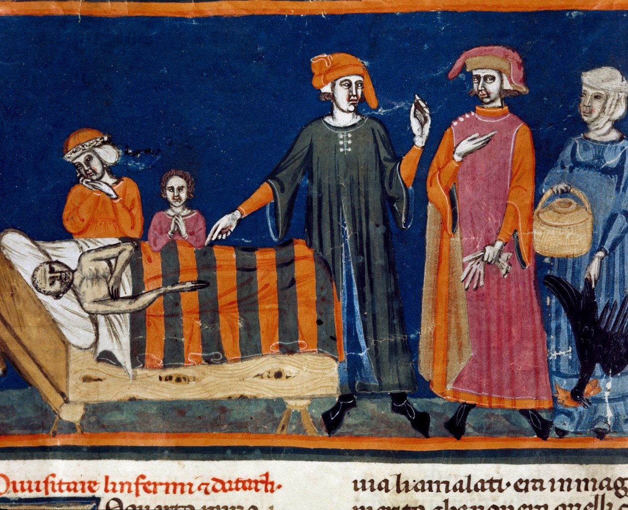 Doky u postele nemocného Miniatura florentské školy z rozšířeného vydání „Pater noster“ od Sera Zucchera Bencivenniho (MS.II.VI 16) počátek 14. století Florencie, národní knihovna od Italian School