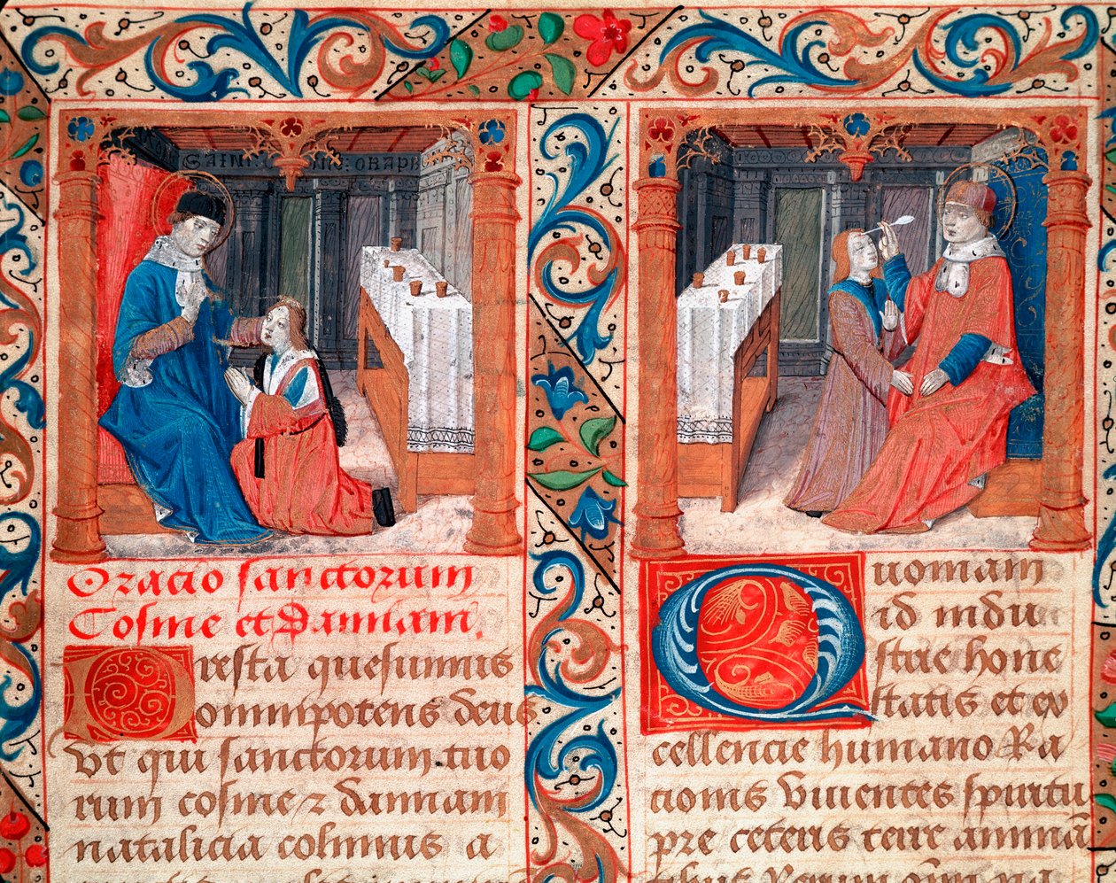Lékař obsluhující lebku pacienta (LA trepanation du crane) Zastoupení svatých Cosimo (Come nebo Cosimo) a Damien, lékaři. Miniatura z rukopisu “” Statuto della Confraternita dei Santi Cosma e Damiano”” Italské gotické umění 16. od Italian School