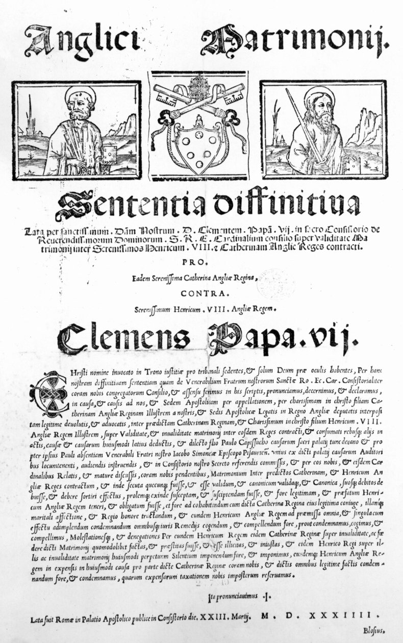 Dokument prohlašující papežův rozsudek o platnosti sňatku Jindřicha VIII. a Kateřiny Aragonské, 1534 (tisk) od Italian School