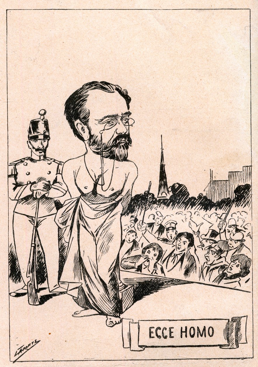 Případ Dreyfus - Emile Zola - Ecce Homo - Un nouveau Christ po 1897 letech - Kresba publikovaná v italských novinách „Il Fischietto““ v roce 1898 (reprodukce v Le Rire od Italian School