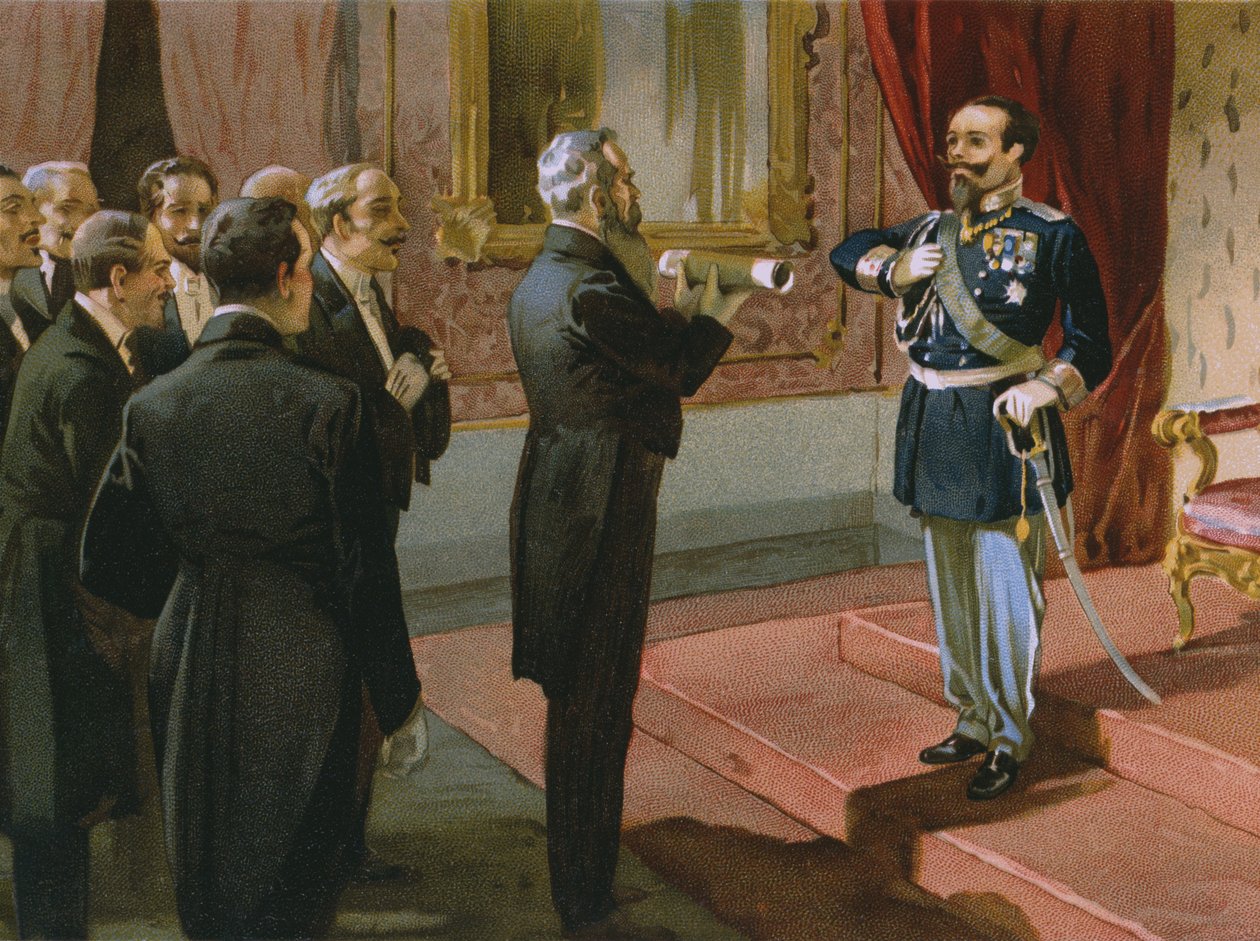 Vévoda ze Sermonety nabízí králi Viktoru Emanuelovi II. (1820-78) římský plebiscit v Palazzo Pitti, Florencie, 1870, ilustrace z alba o historii Risorgimenta vyrobeného pro čokoládový Talm od Italian School