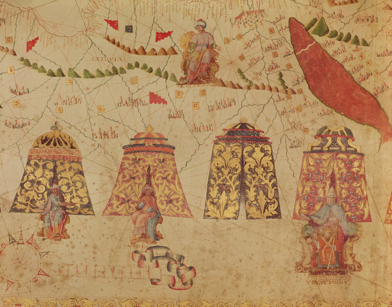 Východní Afrika a Rudé moře s Presterem Johnem a legendárními králi Afriky, detail z mapy Středozemního moře od Vesconte de Maggiolo, 1563 od Italian School