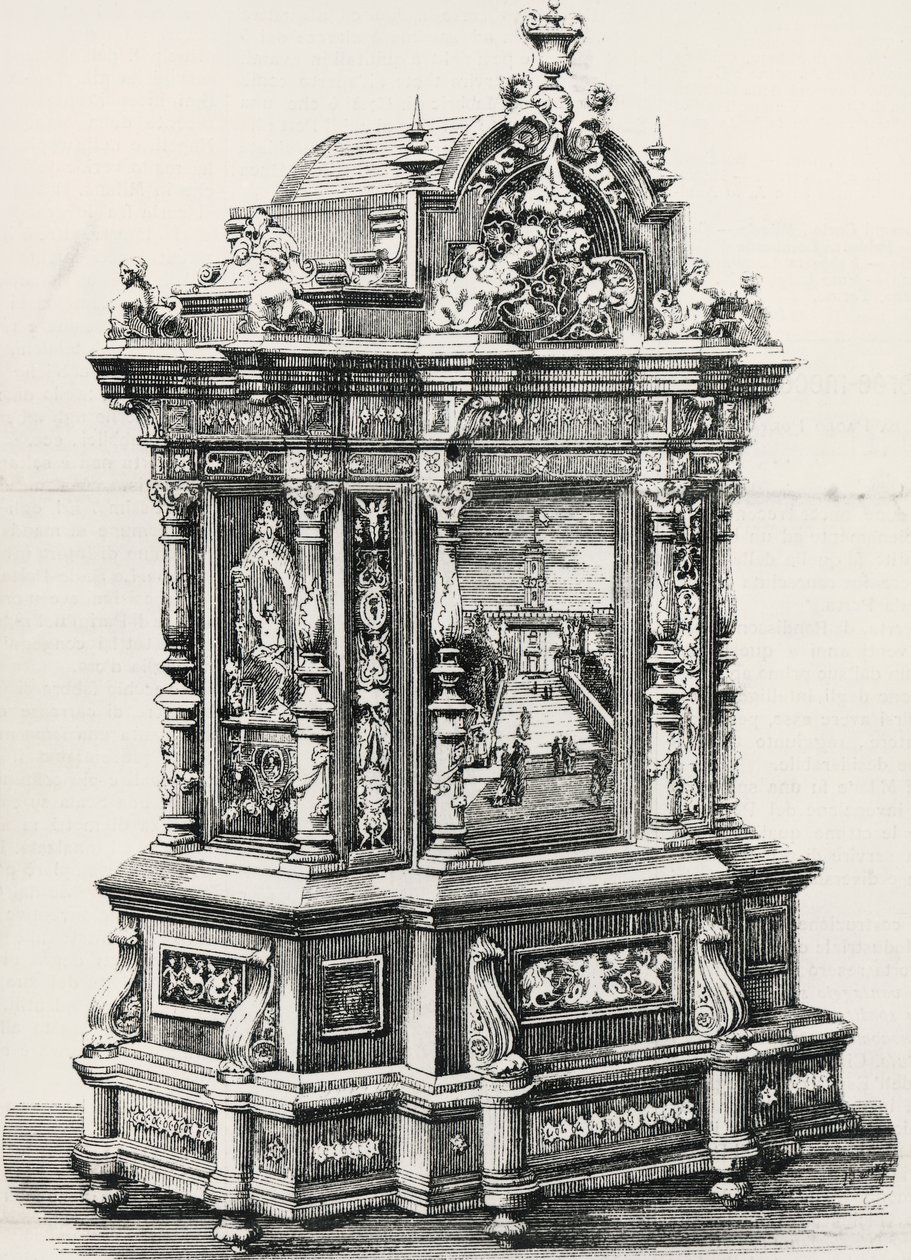 Ebenová skříň s intarziemi od truhláře Alessandra Monteneriho z Perugie (aktivní 19.-20. století), ilustrace z italské výstavy v roce 1881 v Miláně, Itálie od Italian School