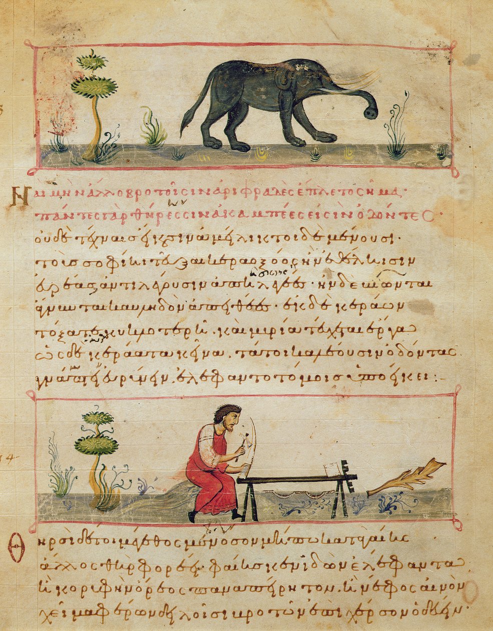 Slon a tradiční práce ze slonoviny, ilustrace z Oppianovy Cynegetiky (tempera na pergamenu) od Italian School