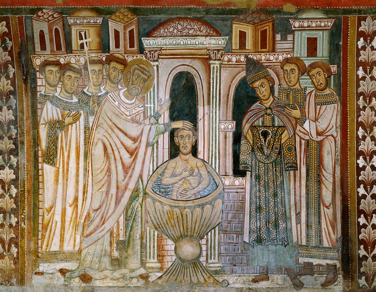 Císař Konstantin, vyléčený z malomocenství, detail z „Legendy o Konstantinovi a sv. Silvestru“ od Italian School
