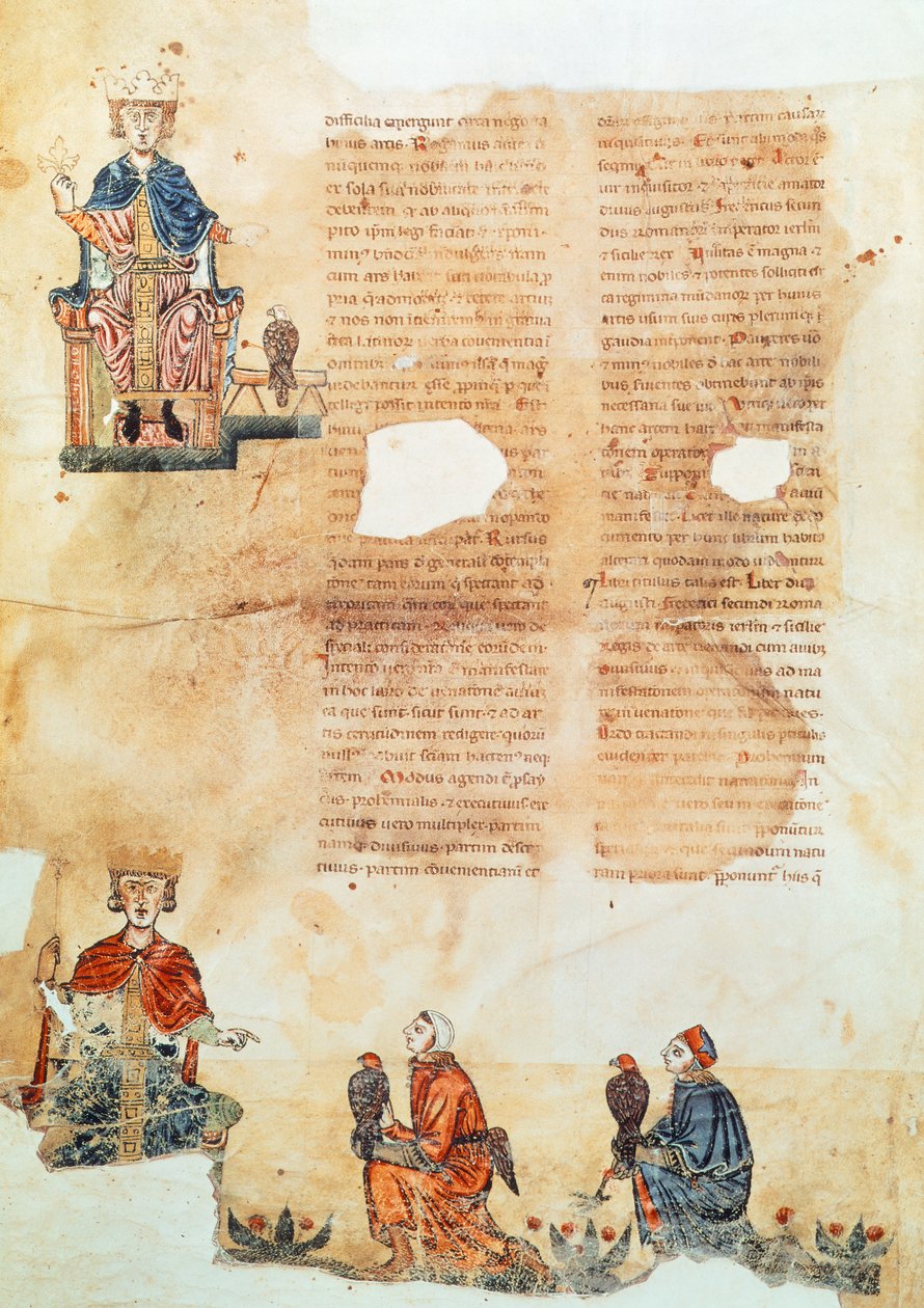 Císař Fridrich II. z Hohenstaufendu, ilustrace z „Umění lovu s ptáky“ (na pergamenu) od Italian School
