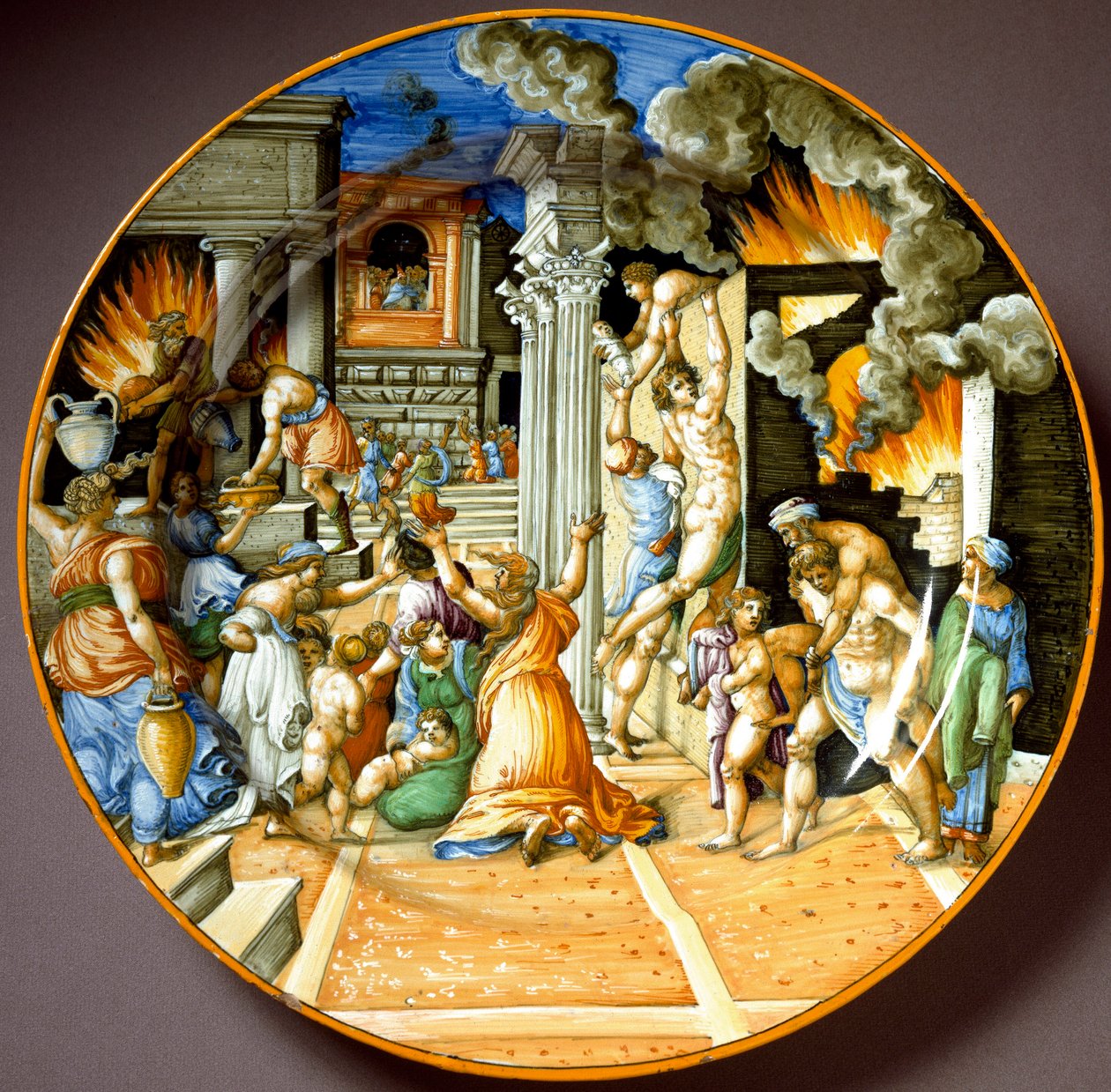 Enee a jeho otec Anchise během trojského požáru Keramická deska vyrobená v Urbinu v Itálii. 1560 kolem Florencie, Museo Nazionale del Bargello - Aeneas a jeho otec Anchises při vypalování Tróje. Keramický talíř od Urbino. Kolem roku 1560. Národní múza od Italian School