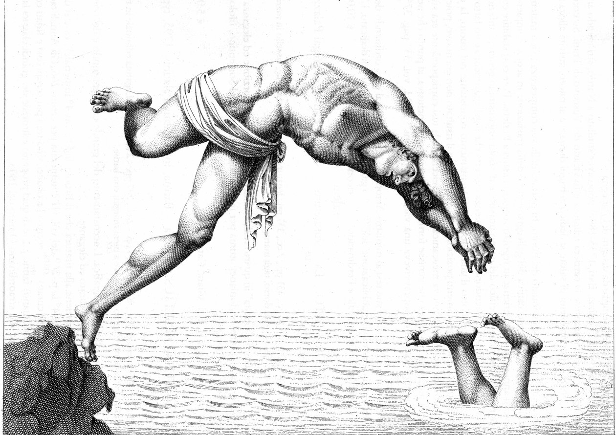 Rytina z roku 1794 v "" Plovoucí muž, to je rozumné umění plavání "" od Oronzia De Bernardiho. Pochoutky z plavání. od Italian School