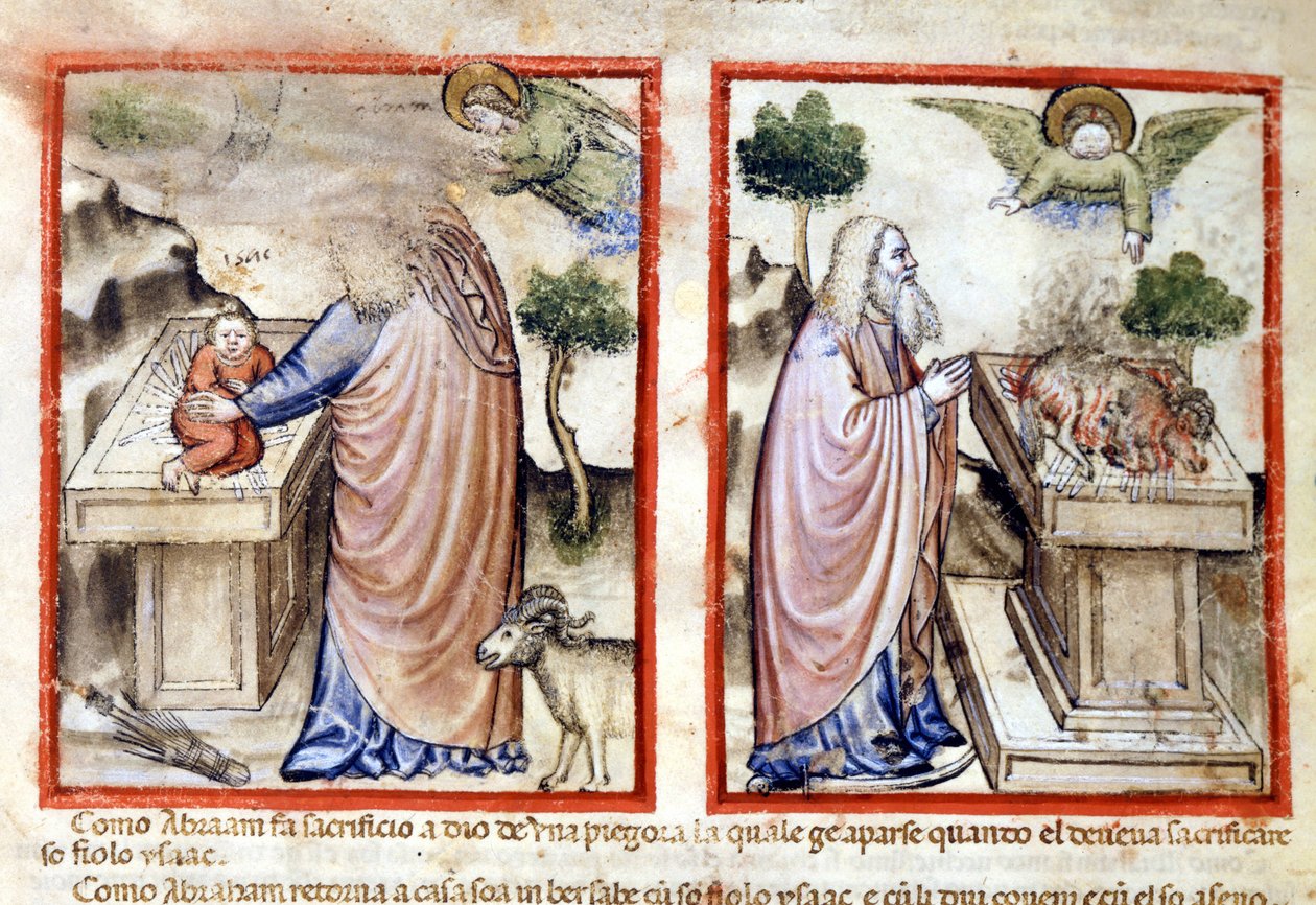 Epizoda obětování Izáka od Abrahama. Miniatura z Codexu 212 (nebo Paduánského kodexu nebo Bible z Padovy) 1390-1400 Rovigo, Accademia dei Concordi od Italian School