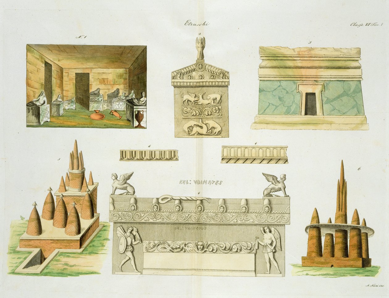 Etruské sarkofágy a hroby, deska 7, třída 6 z I. části Dějin národů, vyryl A. Nani (akvatinta) od Italian School