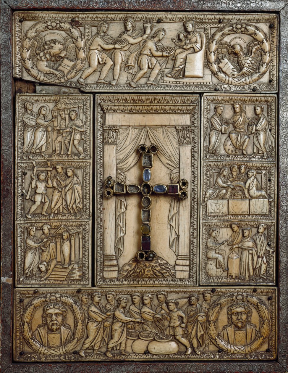 Evangelický obal známý jako „Dittico delle cinque parti“ (Dyptik pěti částí) v barvě slonoviny zdobí epizody božstva jus. 5. století. Milán, Tesoro del Duomo od Italian School