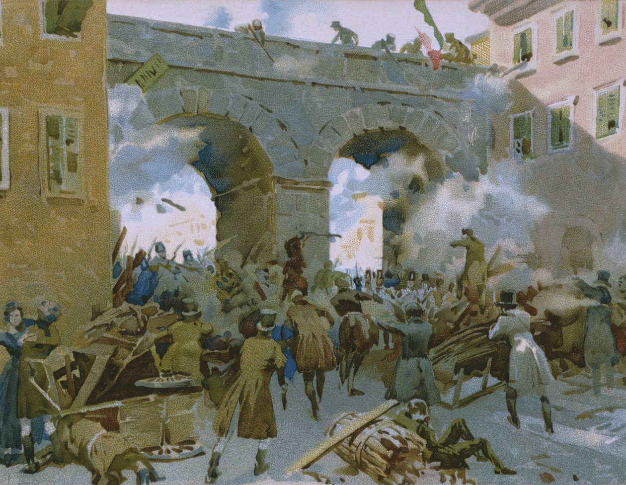 Události od 18. do 22. března 1848, Milánští vyhánění Rakušanů, ilustrace z alba o historii Risorgimenta vyrobeného pro čokoládu Talmone, konec 19. století od Italian School