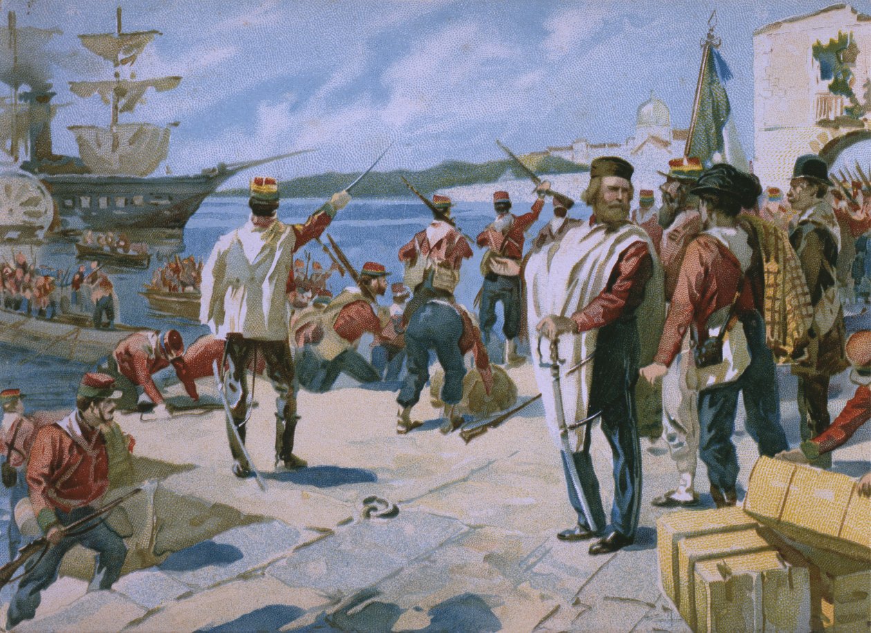 Expedition of the Thousand pod vedením Giuseppe Garibaldi, přistání v Marsale, Sicílie, 1860, ilustrace z alba o historii Risorgimento vyrobeného pro čokoládový Talmone, pozdní od Italian School