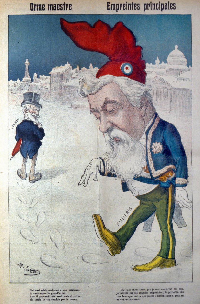 Fallière kráčí ve stopách Loubeta z filmu "La Rana", cca 1910 (tisk) od Italian School