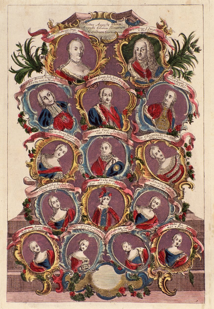 Rodokmen císařovny Marie Terezie Habsburské (1717-1780) s manželem Františkem I. s dětmi: Marie Alžběta, Josef II., Marie Amálie, Leopold II., Ferdinand a Maxmilián od Italian School