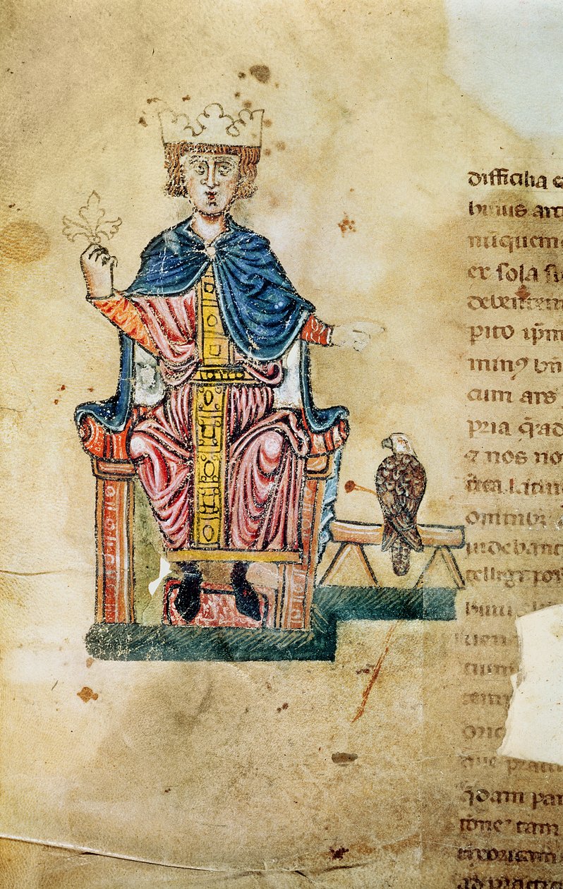 Federico II Svevia, ilustrace z Umění lovu s ptáky, c.1220-50 od Italian School