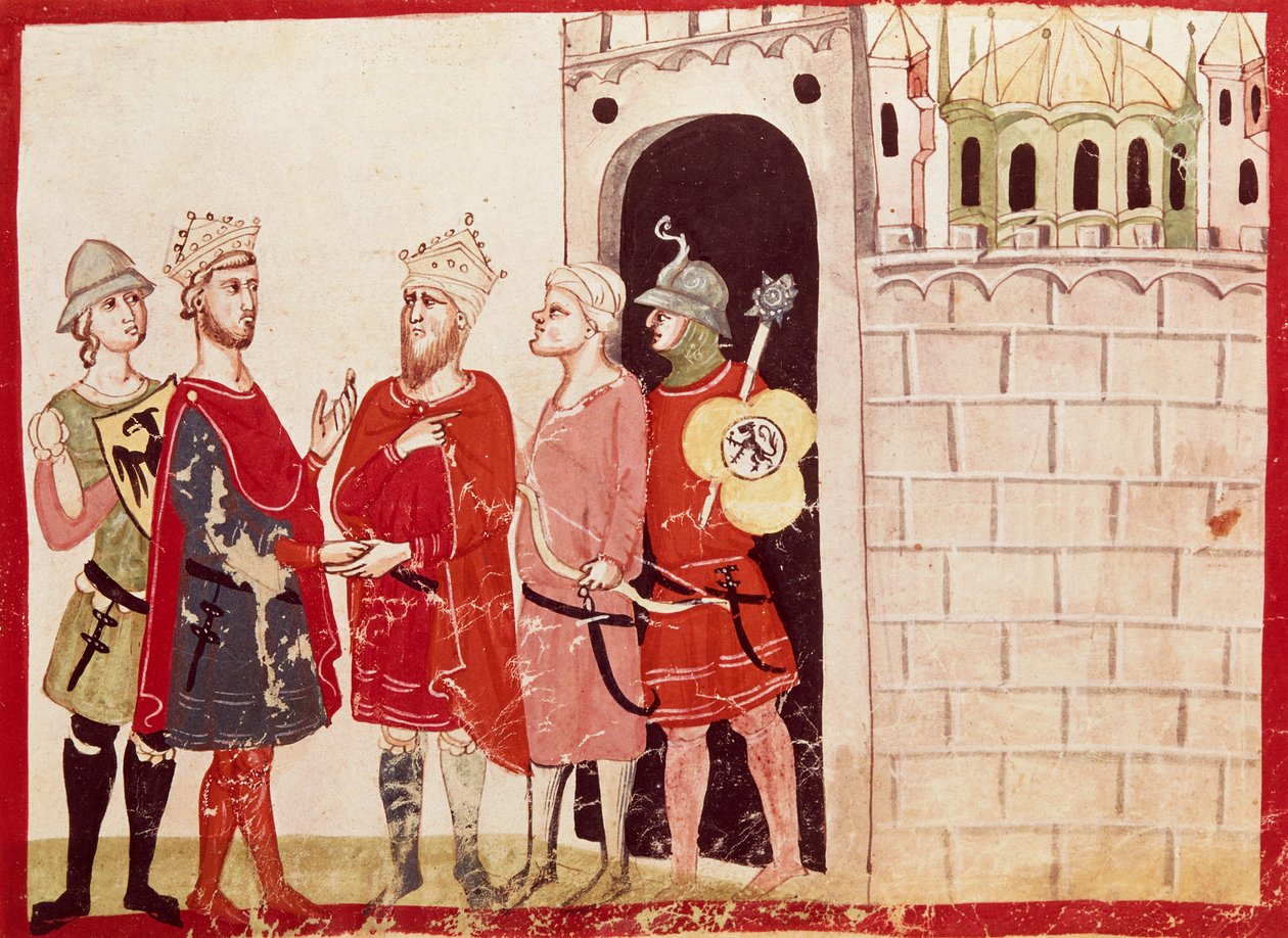 Federico II., dosažení dohody s jeruzalémským sultánem, miniatura z Letopisů Giovanniho Villaniho, rukopis, Itálie 14. století. od Italian School