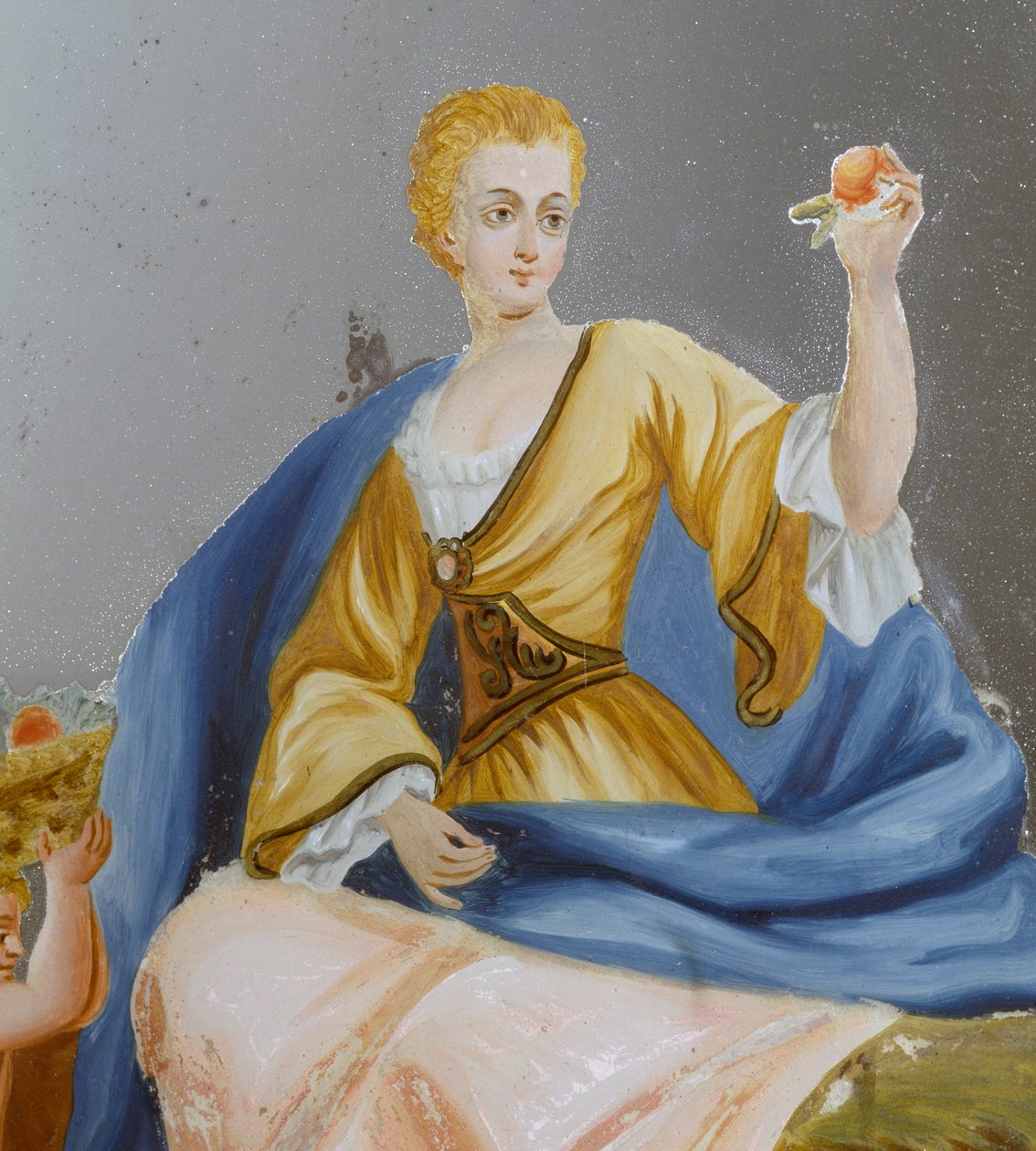 Ženská postava, Detail z římského zrcadla s malovanou scénou, vyřezávaný a zlacený dřevěný rám, Itálie od Italian School