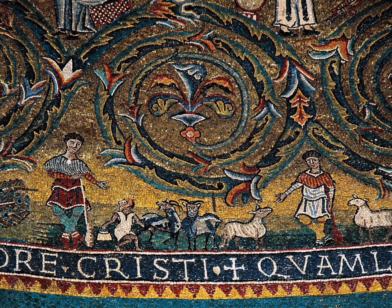 Postavy pastýřů a zvířat, detail z Triumph of Cross z medailonu apsidy (mozaika) od Italian School