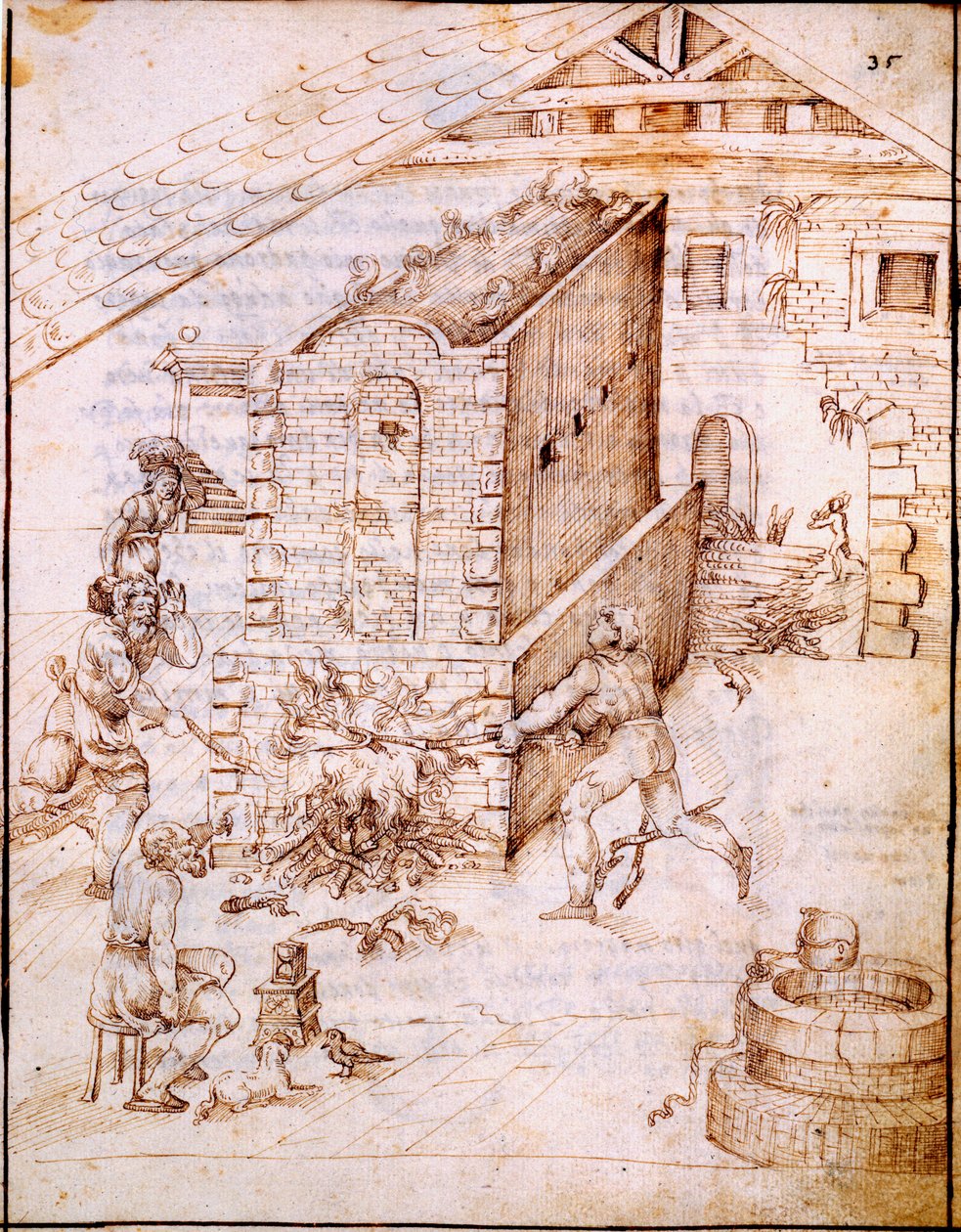 Vypalování rané pece, kolem 30. let 17. století (rukopis vellum) od Italian School