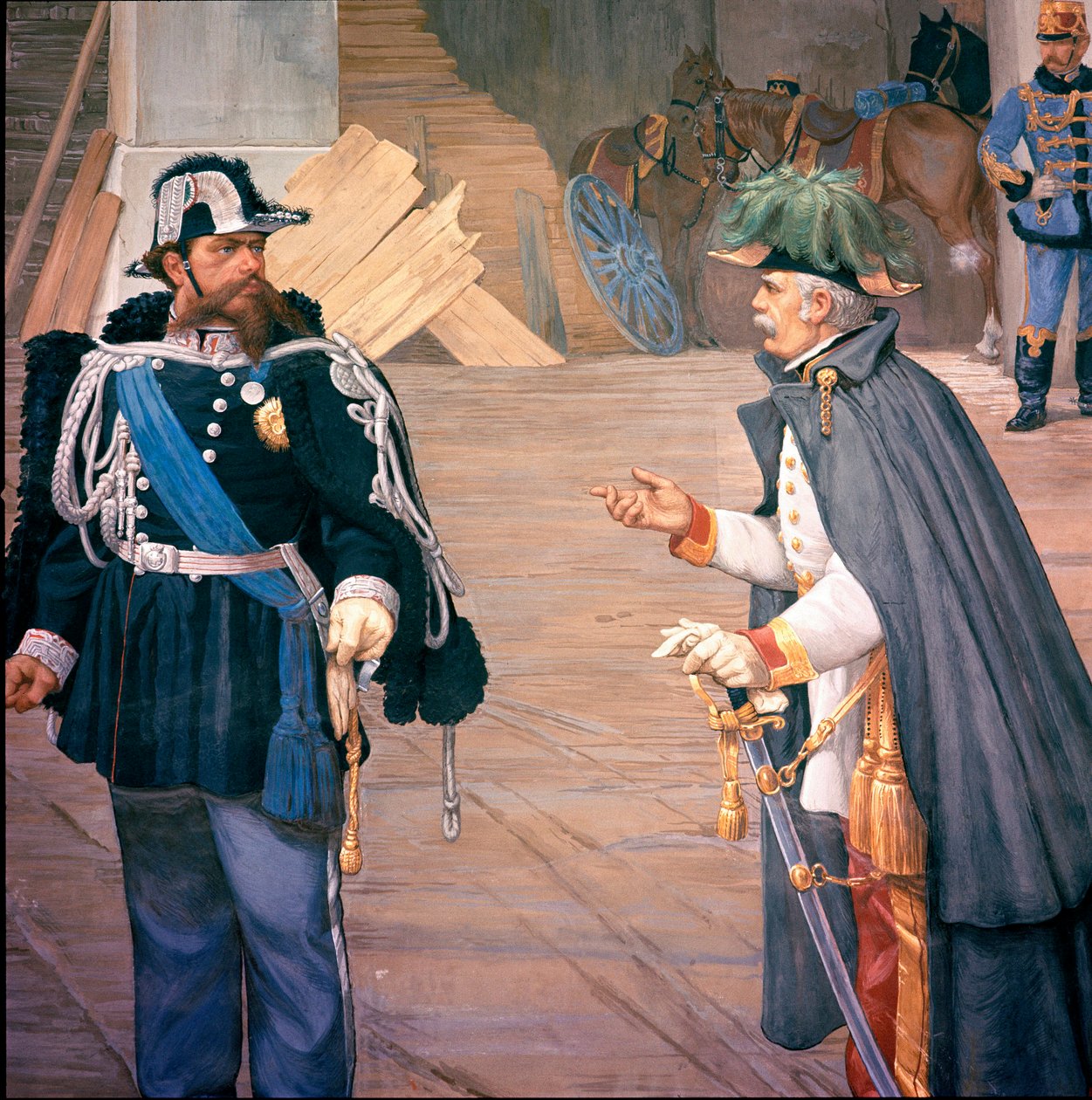 První italská válka za nezávislost: „“bitva u Novary (Novara) 13. září 1849““ Také nazývaná bitva o Bicoque. Vittorio Emanuel (Victor Emmanuel) (Victor-Emmanuel) II (1820-1870) a Joseph Radetzky (1766-1858). Detail fresky od Italian School
