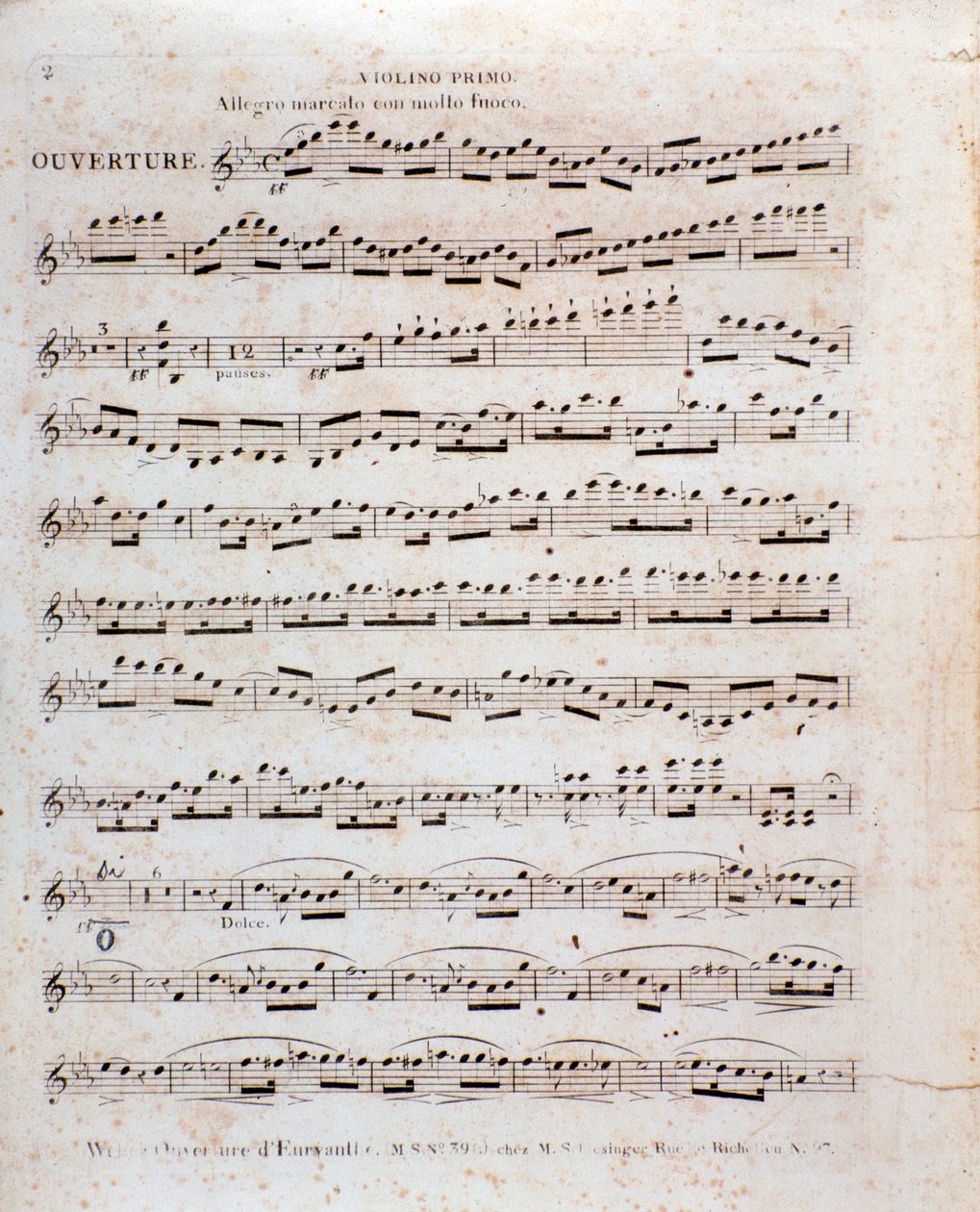 První strana hudební partitury pro housle z opery „Euryanthe“ od Carla Maria von Webera (litho) od Italian School