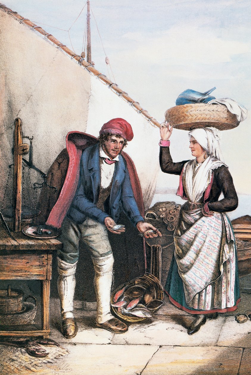 Rybář a rolník, ilustrace z Kostýmů Istrie, Itálie od Italian School