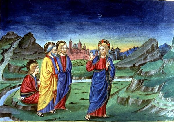 Fol.103v Po proměnění Kristus říká apoštolům, aby tuto skutečnost neodhalili dříve než po vzkříšení (vellum) (viz 142186) od Italian School