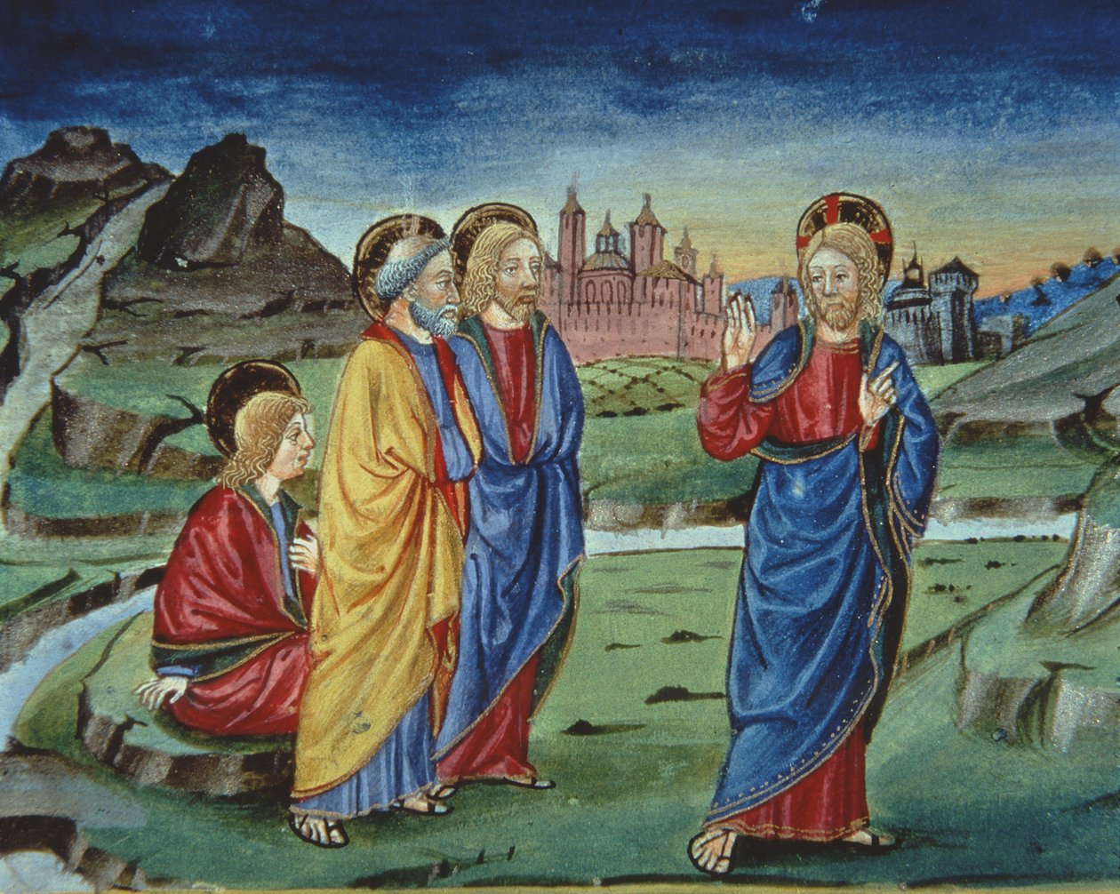 Fol.103v Po proměnění Kristus říká apoštolům, aby to neprozradili dříve než po vzkříšení (vellum) (detail) od Italian School