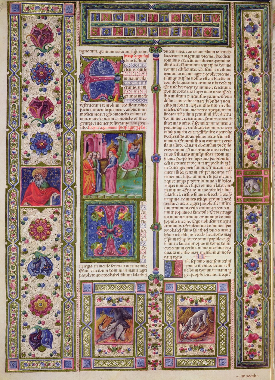 Fol.103v Kniha proroka Haggaie (proroka, který v 6. století př. n. l. pomáhal Židům při rekonstrukci chrámu), z Bible Borso d