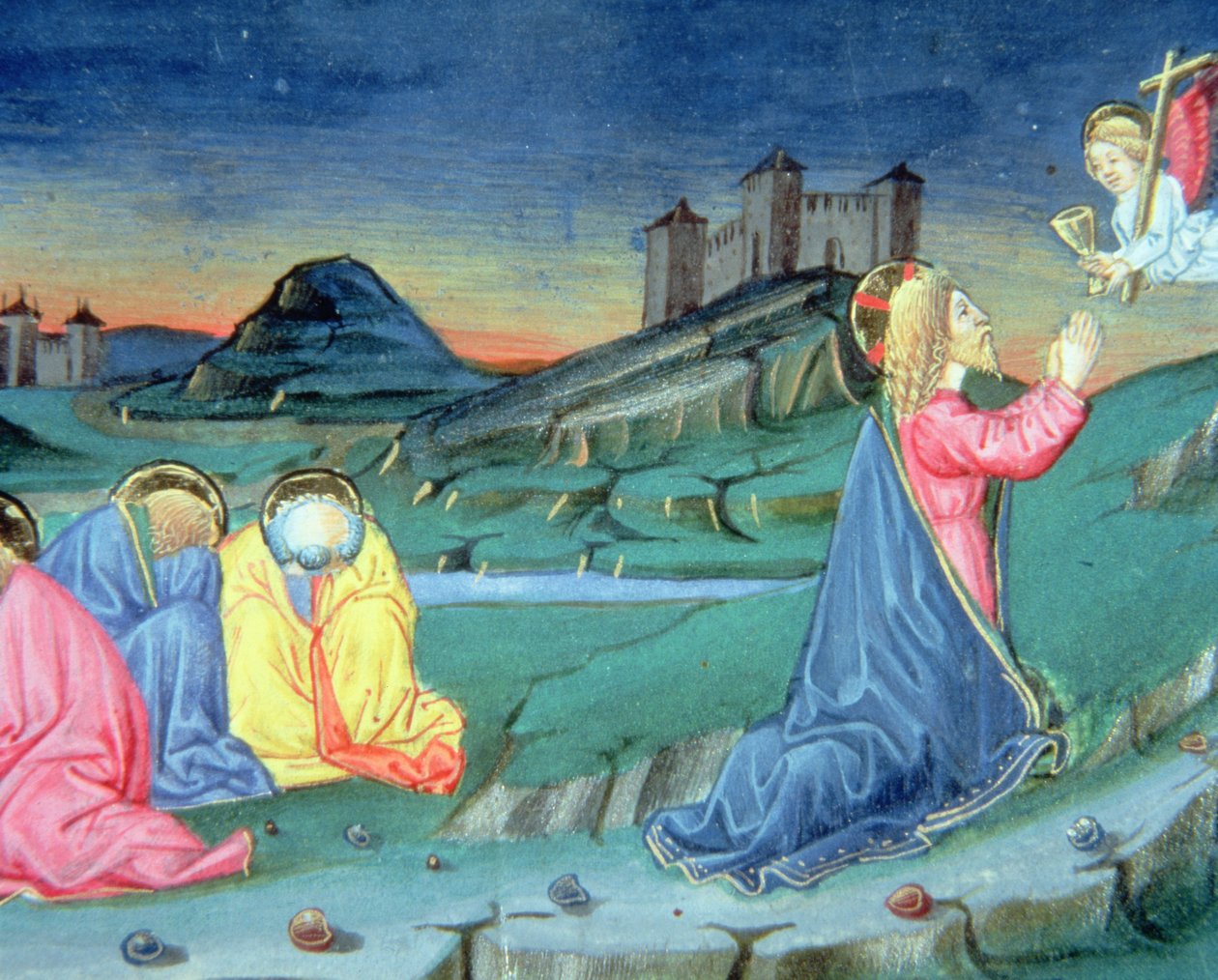 Fol.104r Po modlitbě na Olivové hoře přichází anděl, aby utěšil Krista (vellum) od Italian School