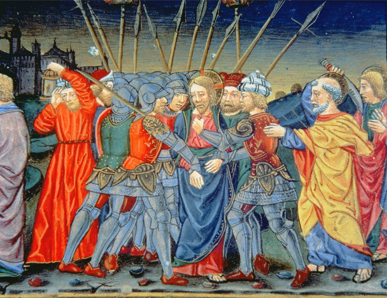 Fol.105v Šimon Petr brání Krista a zraňuje vojáka mečem (vellum) od Italian School